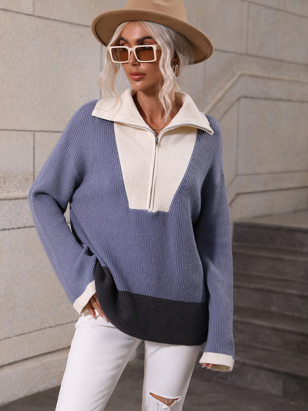 Pullover Color Block Knit Long Sleeve Zippered Sweater-[Adult]-[Female]-2022 Online Blue Zone Planet