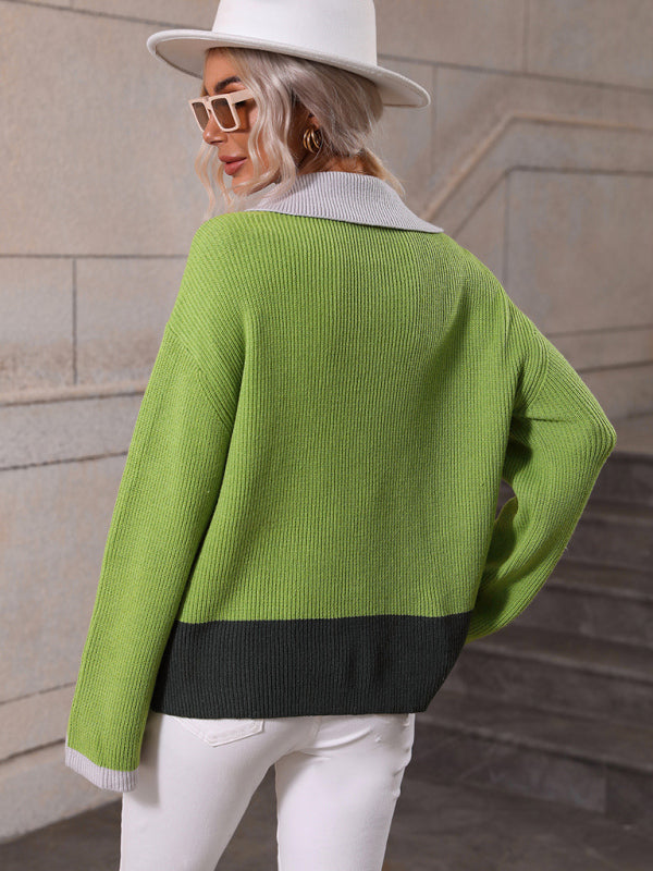 Pullover Color Block Knit Long Sleeve Zippered Sweater-[Adult]-[Female]-2022 Online Blue Zone Planet