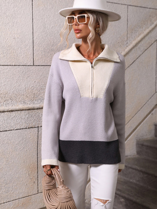 Pullover Color Block Knit Long Sleeve Zippered Sweater-[Adult]-[Female]-Misty grey-S-2022 Online Blue Zone Planet