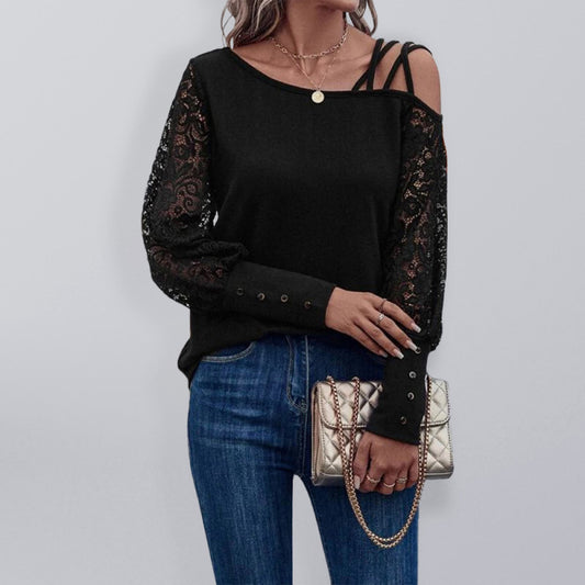Women's loose lace stitching one-shoulder long-sleeved T-shirt