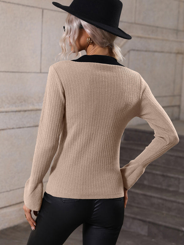 Pullover Knitwear Women's New Trumpet Sleeve Lapel Sweater-[Adult]-[Female]-2022 Online Blue Zone Planet