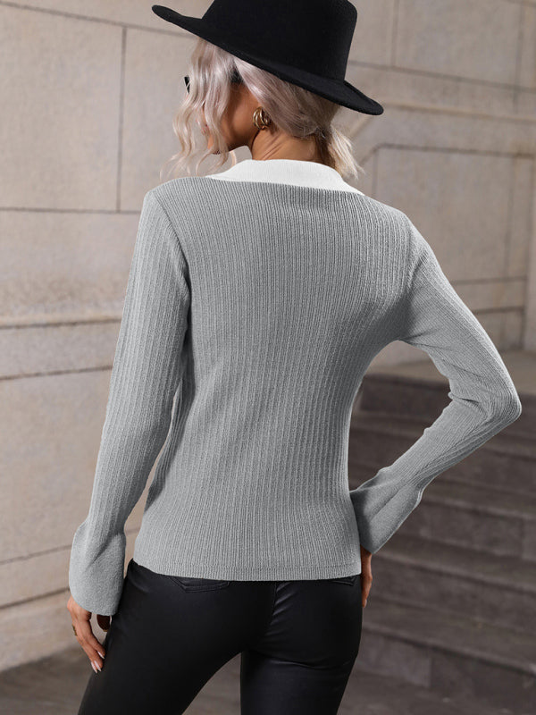 Pullover Knitwear Women's New Trumpet Sleeve Lapel Sweater-[Adult]-[Female]-2022 Online Blue Zone Planet