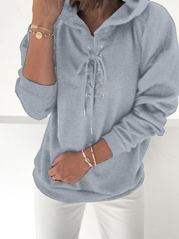 Knit Solid Eyelet Lace-Up Hoodie BLUE ZONE PLANET