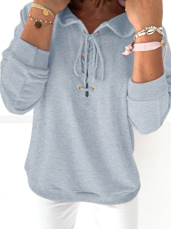 Knit Solid Eyelet Lace-Up Hoodie BLUE ZONE PLANET