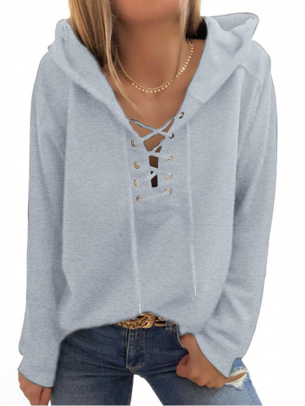 Knit Solid Eyelet Lace-Up Hoodie BLUE ZONE PLANET