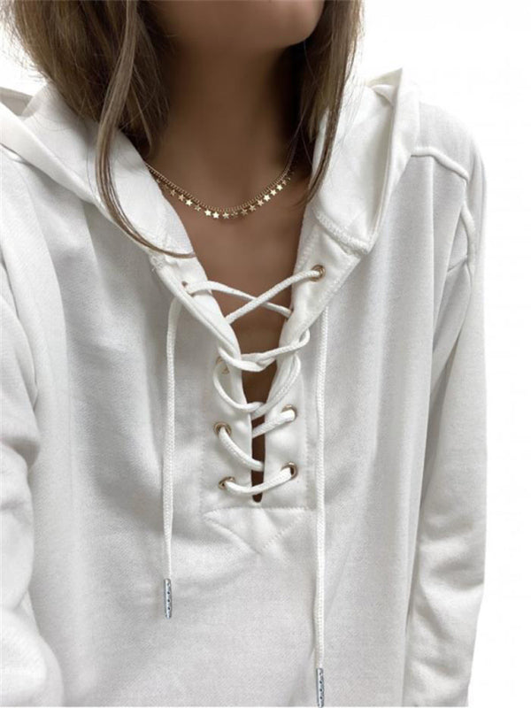Knit Solid Eyelet Lace-Up Hoodie BLUE ZONE PLANET
