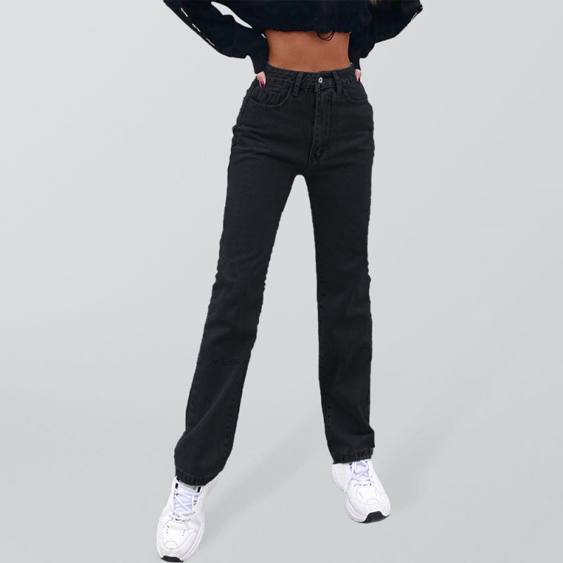 Blue Zone Planet | Women's high waist all-match denim straight-leg trousers-TOPS / DRESSES-[Adult]-[Female]-Black-XS-2022 Online Blue Zone Planet