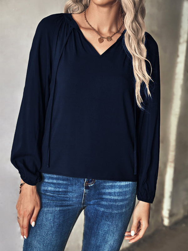 Blue Zone Planet | woven elegant V-neck long-sleeved shirt BLUE ZONE PLANET