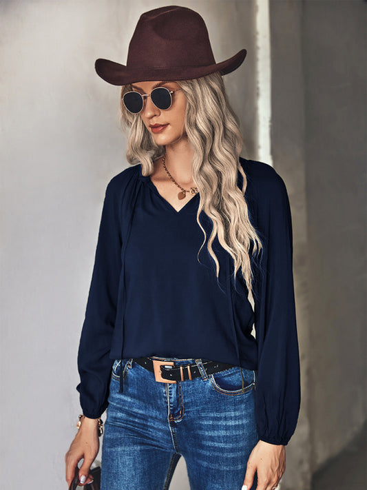 Blue Zone Planet | woven elegant V-neck long-sleeved shirt BLUE ZONE PLANET