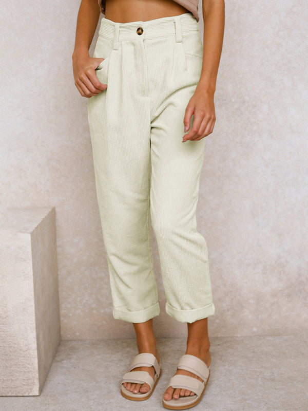 High Waist Lounge Pants Solid Color Corduroy Loose Straight Leg Trousers BLUE ZONE PLANET