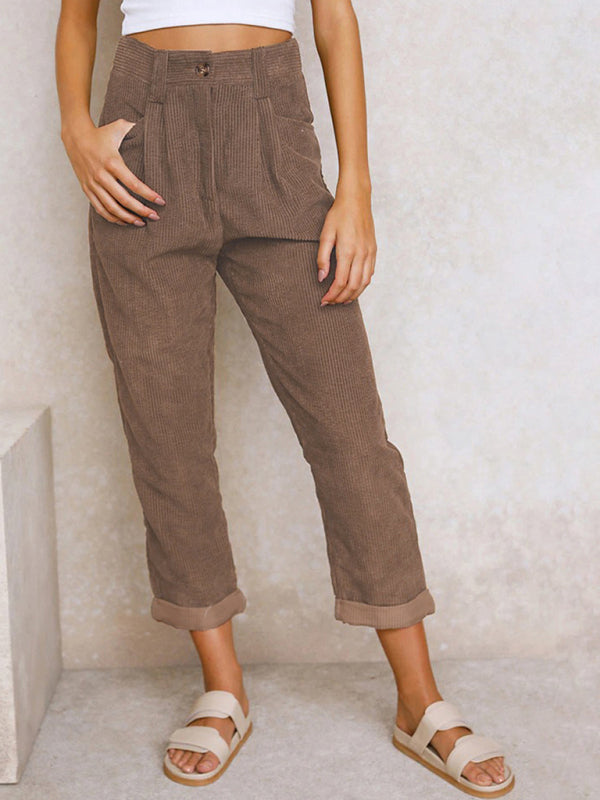 High Waist Lounge Pants Solid Color Corduroy Loose Straight Leg Trousers BLUE ZONE PLANET