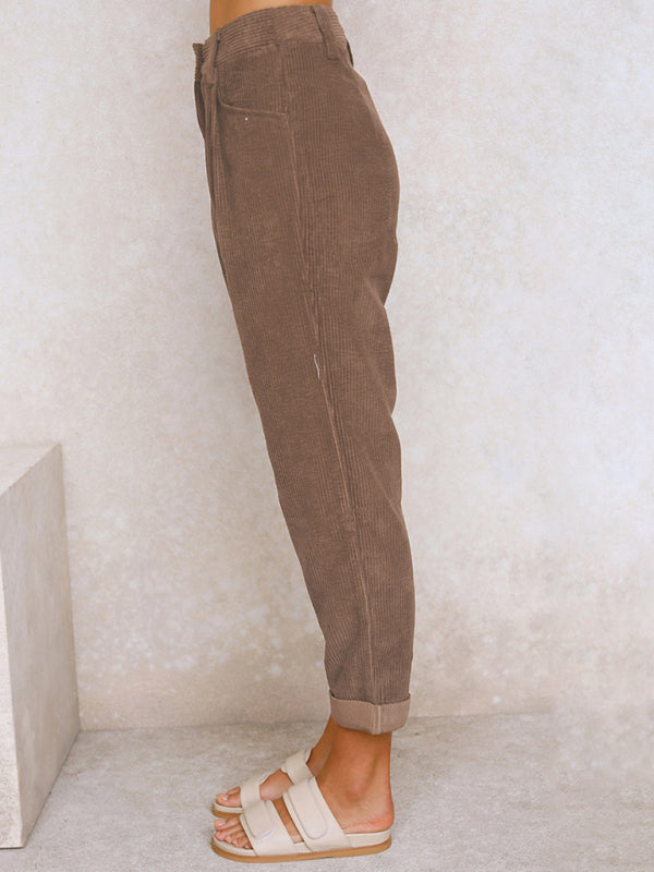 High Waist Lounge Pants Solid Color Corduroy Loose Straight Leg Trousers BLUE ZONE PLANET