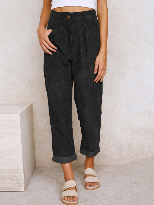 High Waist Lounge Pants Solid Color Corduroy Loose Straight Leg Trousers BLUE ZONE PLANET