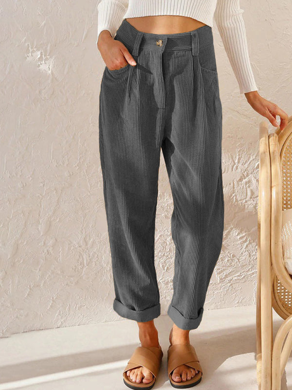 High Waist Lounge Pants Solid Color Corduroy Loose Straight Leg Trousers BLUE ZONE PLANET