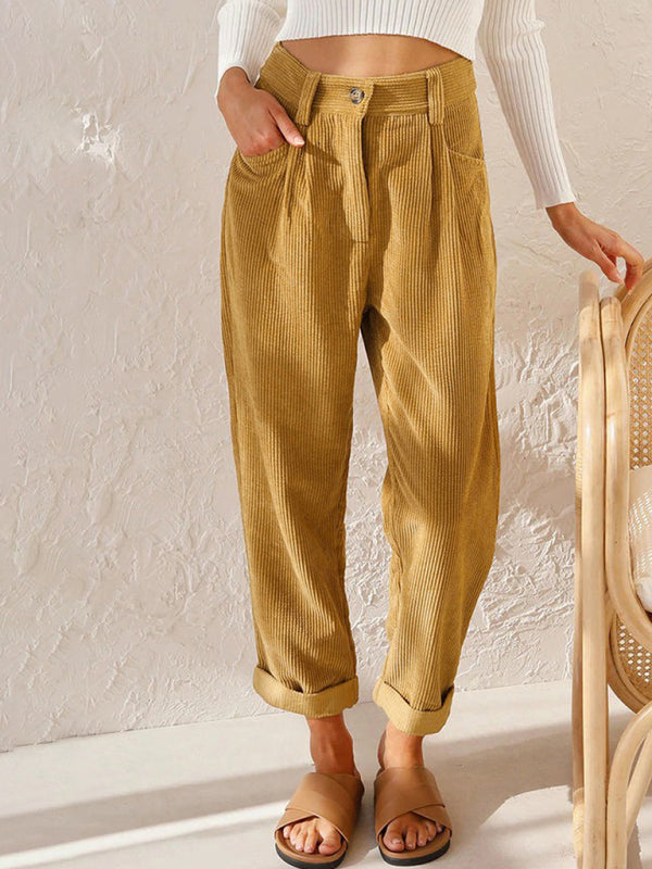 High Waist Lounge Pants Solid Color Corduroy Loose Straight Leg Trousers BLUE ZONE PLANET