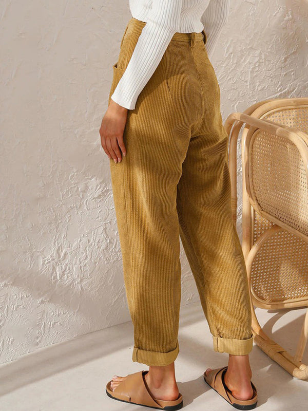 High Waist Lounge Pants Solid Color Corduroy Loose Straight Leg Trousers BLUE ZONE PLANET