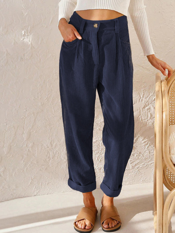 High Waist Lounge Pants Solid Color Corduroy Loose Straight Leg Trousers BLUE ZONE PLANET