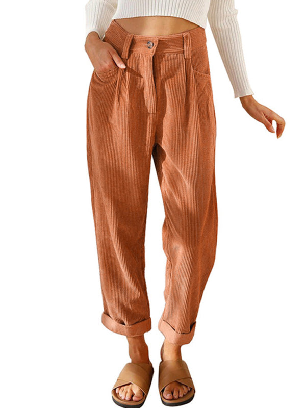 High Waist Lounge Pants Solid Color Corduroy Loose Straight Leg Trousers BLUE ZONE PLANET