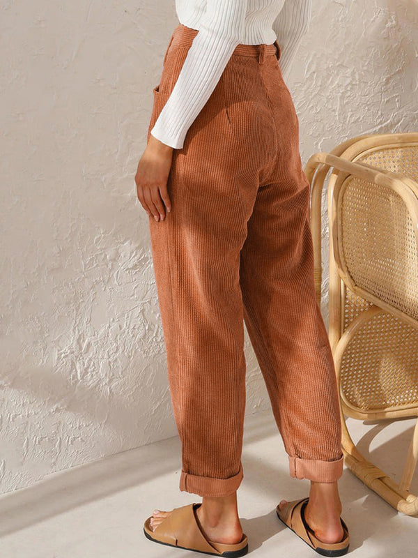 High Waist Lounge Pants Solid Color Corduroy Loose Straight Leg Trousers BLUE ZONE PLANET