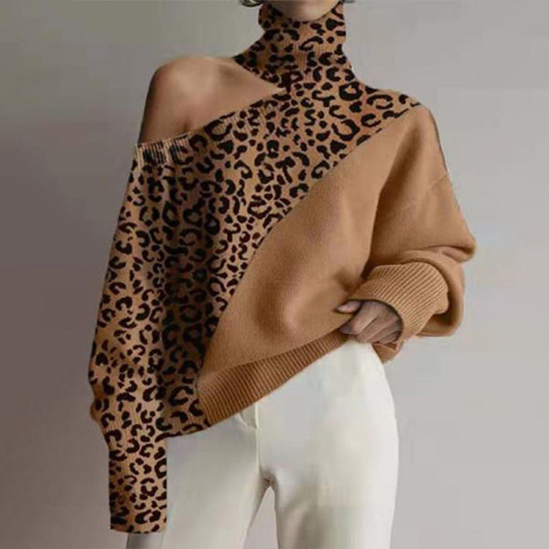 New style turtleneck off-the-shoulder knitted sweater women leopard print long-sleeved top-[Adult]-[Female]-Brown-S-2022 Online Blue Zone Planet