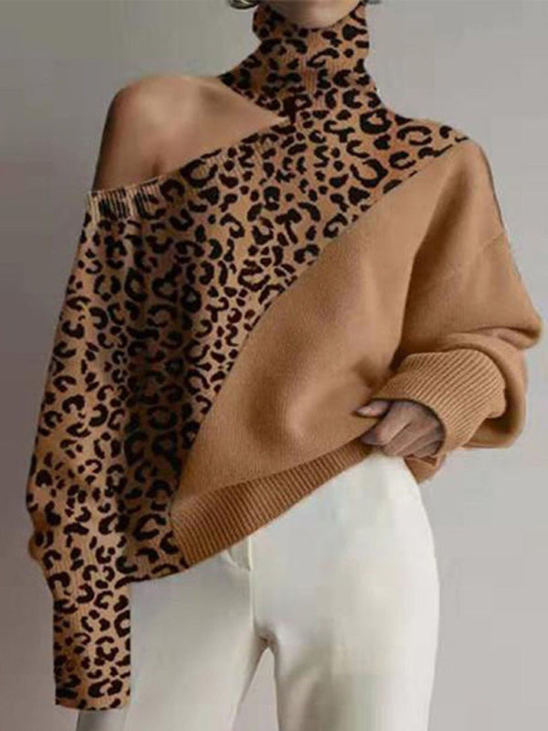 New style turtleneck off-the-shoulder knitted sweater women leopard print long-sleeved top-[Adult]-[Female]-2022 Online Blue Zone Planet