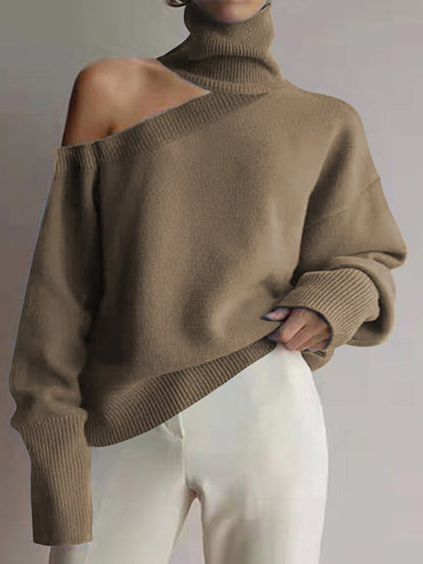 New style turtleneck off-the-shoulder knitted sweater women leopard print long-sleeved top-[Adult]-[Female]-Khaki-S-2022 Online Blue Zone Planet