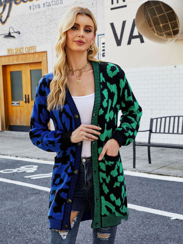 Blue Zone Planet | mid-length leopard print stitching sweater knitted cardigan coat-TOPS / DRESSES-[Adult]-[Female]-2022 Online Blue Zone Planet