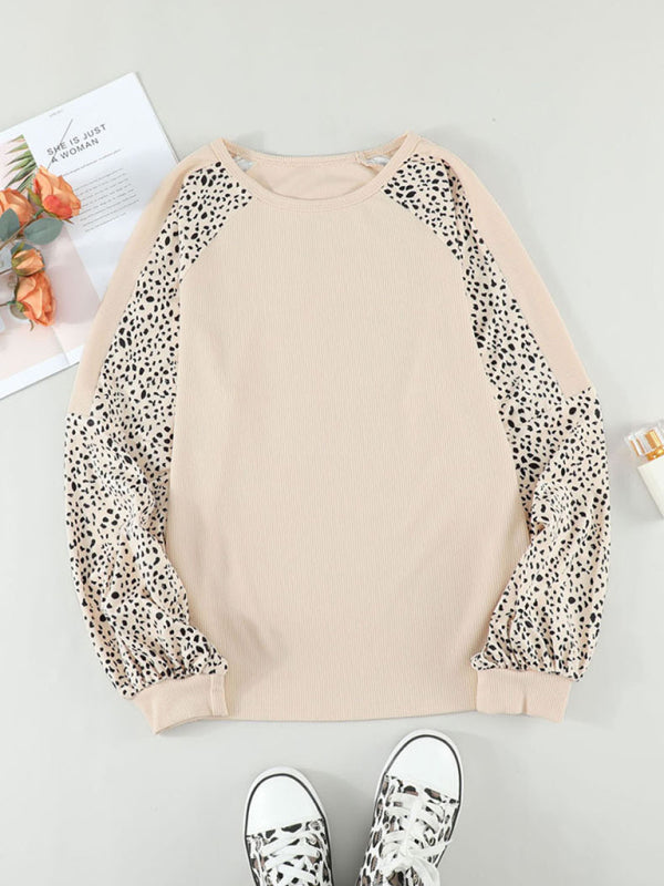 European and American Leopard Print Round Neck Pullover with Long Sleeves-[Adult]-[Female]-2022 Online Blue Zone Planet