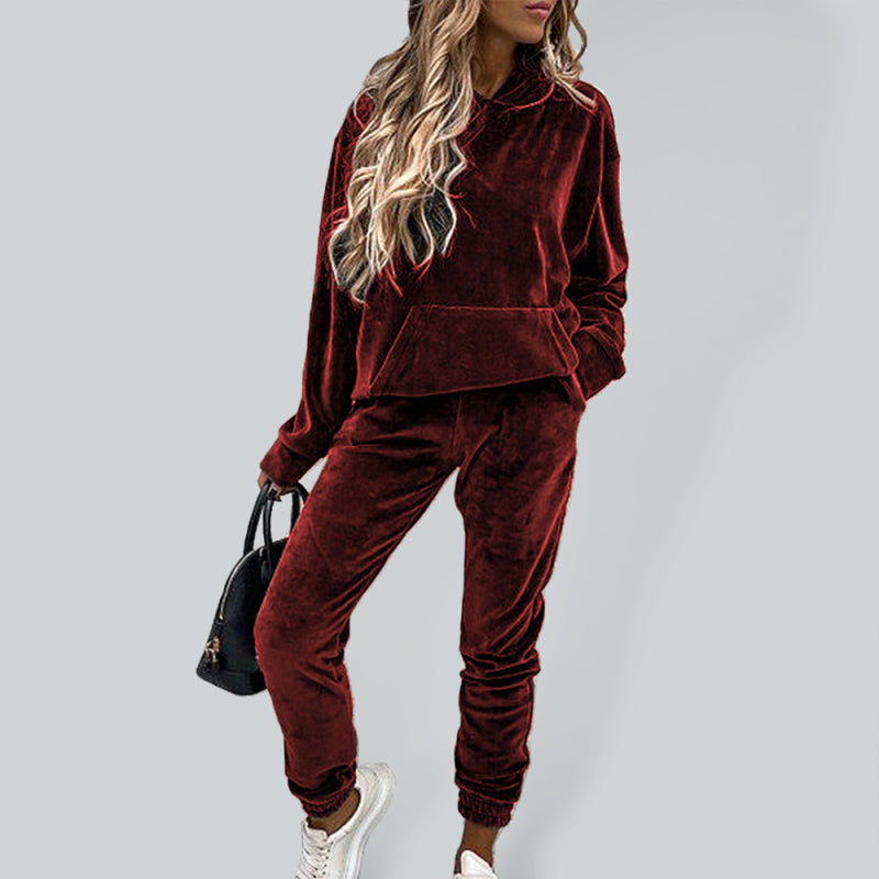 Blue Zone Planet | Women's solid color hooded sports casual velvet suit-TOPS / DRESSES-[Adult]-[Female]-Wine Red-S-2022 Online Blue Zone Planet