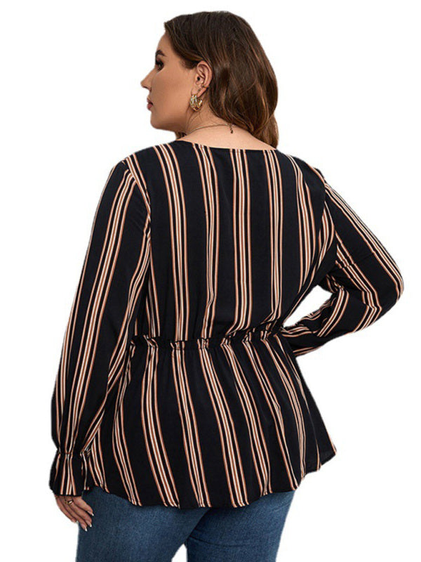 Ladies plus size shirt striped long sleeve waist shirt-[Adult]-[Female]-2022 Online Blue Zone Planet