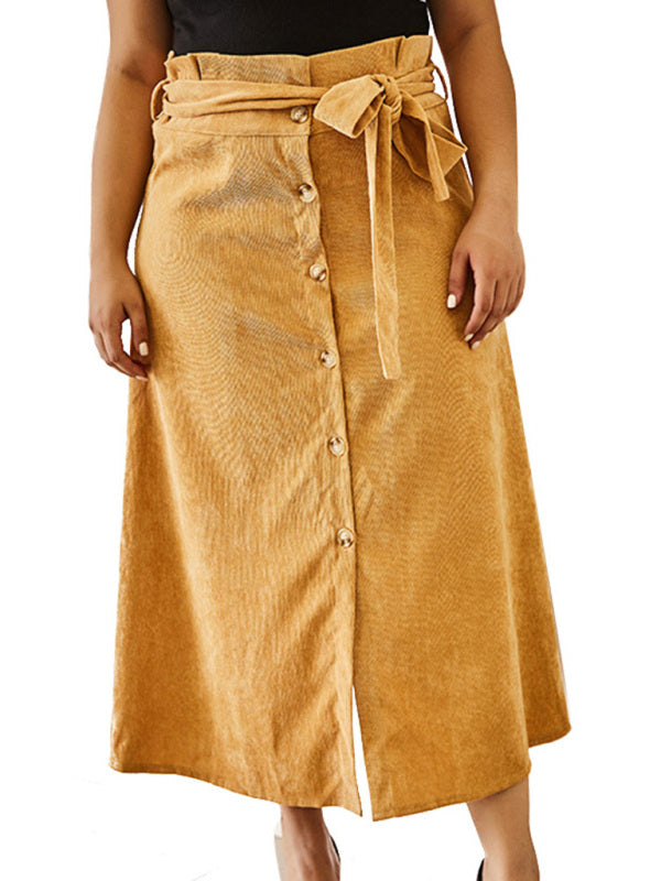 Blue Zone Planet |  Plus Size Slim High Waist Corduroy Belt Single Breasted A Line Skirt BLUE ZONE PLANET