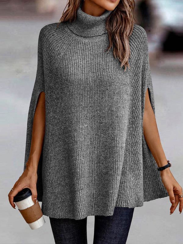 Blue Zone Planet | Sweater Turtleneck Loose Cape Sweater-TOPS / DRESSES-[Adult]-[Female]-Grey-S-2022 Online Blue Zone Planet