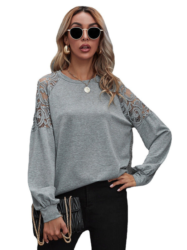 Round neck lace cutout long-sleeved T-shirt-[Adult]-[Female]-2022 Online Blue Zone Planet