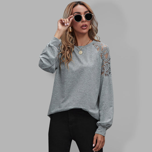 Round neck lace cutout long-sleeved T-shirt-[Adult]-[Female]-Grey-S-2022 Online Blue Zone Planet