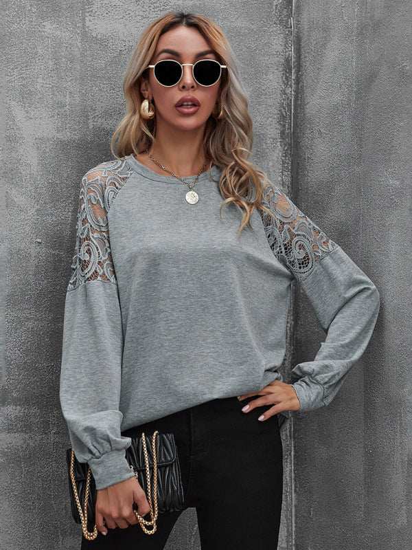 Round neck lace cutout long-sleeved T-shirt-[Adult]-[Female]-2022 Online Blue Zone Planet