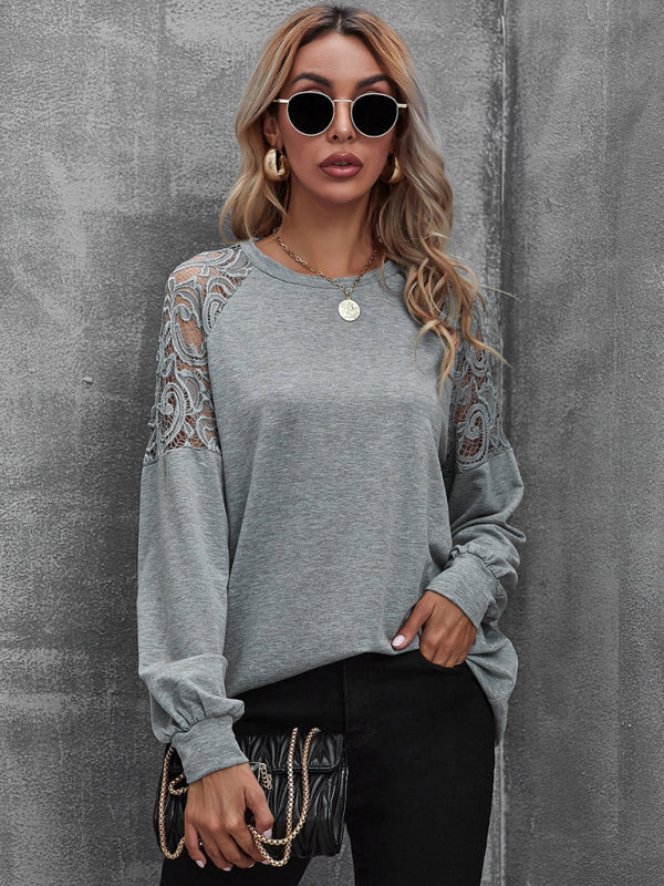 Round neck lace cutout long-sleeved T-shirt-[Adult]-[Female]-2022 Online Blue Zone Planet