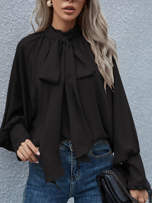 Blue Zone Planet |  High-neck bow tie bubble long-sleeved loose all-match top BLUE ZONE PLANET