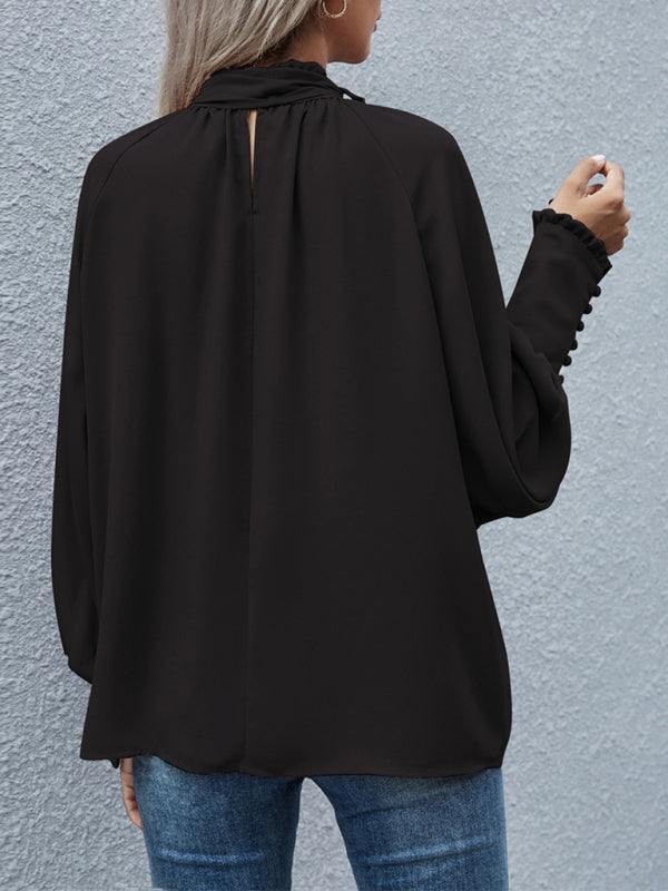 Blue Zone Planet |  High-neck bow tie bubble long-sleeved loose all-match top BLUE ZONE PLANET