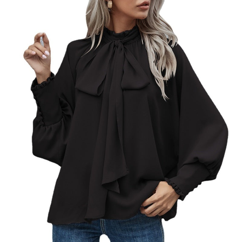 Blue Zone Planet |  High-neck bow tie bubble long-sleeved loose all-match top BLUE ZONE PLANET