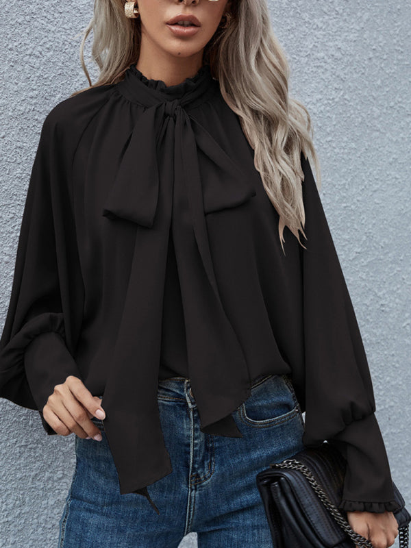 Blue Zone Planet |  High-neck bow tie bubble long-sleeved loose all-match top BLUE ZONE PLANET