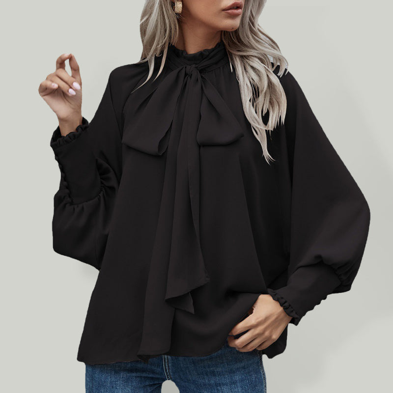 Blue Zone Planet |  High-neck bow tie bubble long-sleeved loose all-match top BLUE ZONE PLANET