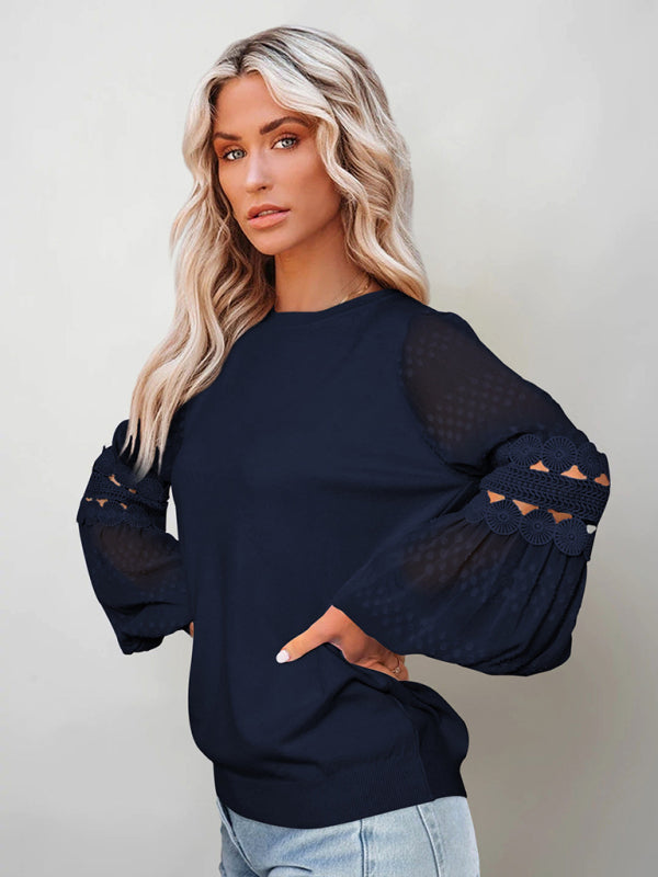 Blue Zone Planet | Jade's long-sleeved round neck lantern sleeve pullover T-shirt-TOPS / DRESSES-[Adult]-[Female]-White-S-2022 Online Blue Zone Planet