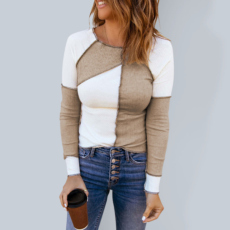 Women's Knitted Long Sleeve Round Neck Contrast Color T-Shirt-[Adult]-[Female]-White-S-2022 Online Blue Zone Planet