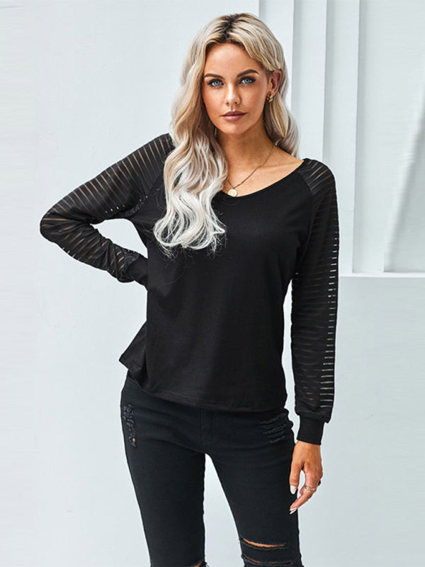 Blue Zone Planet | Women's stitching see-through striped long-sleeved V-neck T-shirt-[Adult]-[Female]-Black-S-2022 Online Blue Zone Planet