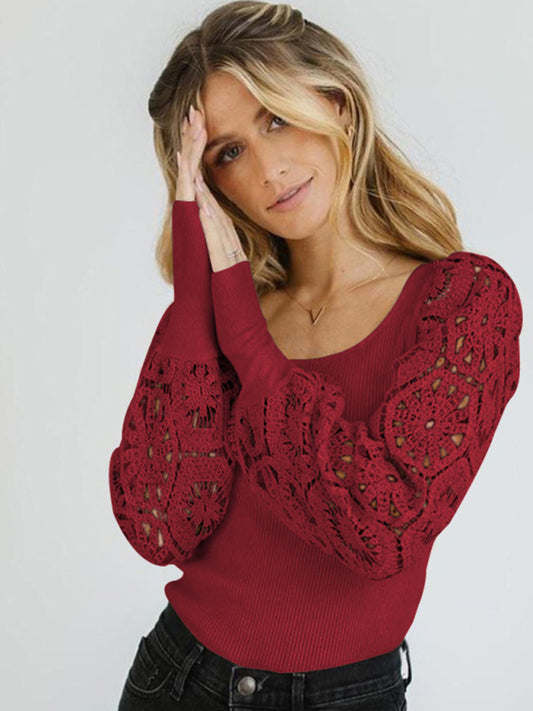 Blue Zone Planet | Paneled Lace Long Sleeve Pullover T-Shirt-TOPS / DRESSES-[Adult]-[Female]-Wine Red-S-2022 Online Blue Zone Planet