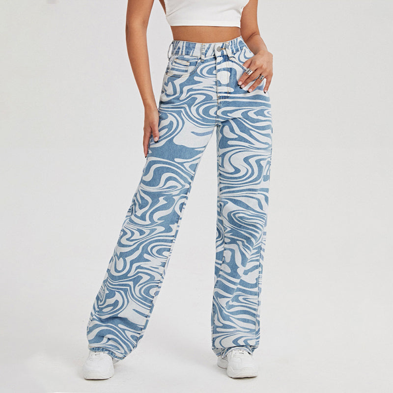 Blue Zone Planet | loose water ripple printed straight denim trousers BLUE ZONE PLANET