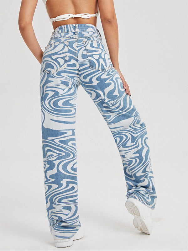 Blue Zone Planet | loose water ripple printed straight denim trousers BLUE ZONE PLANET