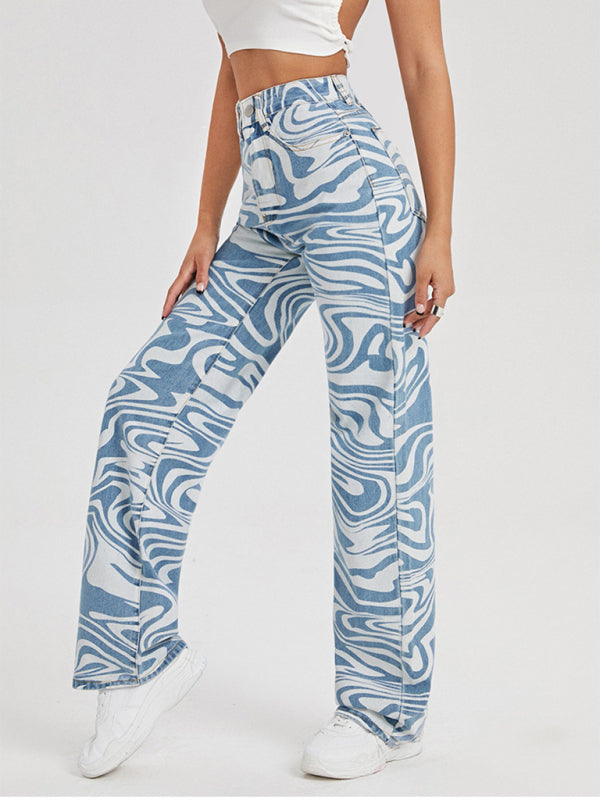 Blue Zone Planet | loose water ripple printed straight denim trousers BLUE ZONE PLANET