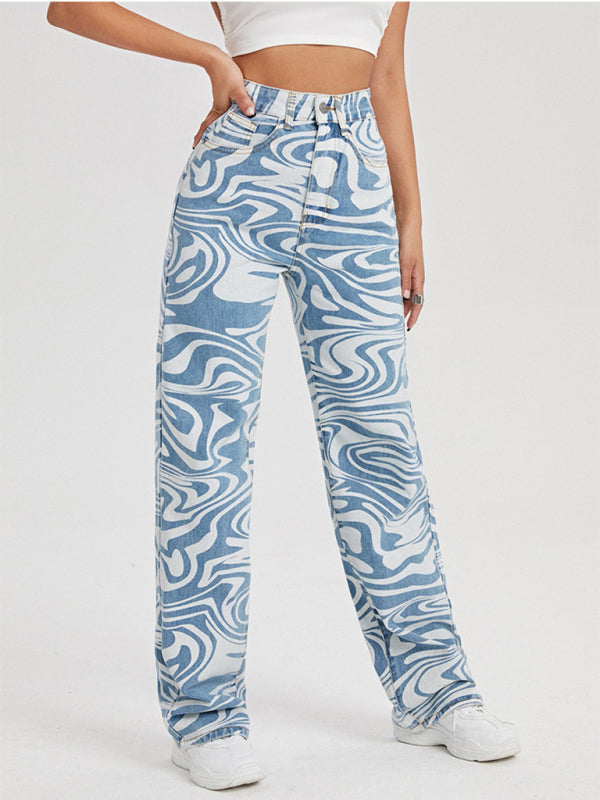 Blue Zone Planet | loose water ripple printed straight denim trousers BLUE ZONE PLANET