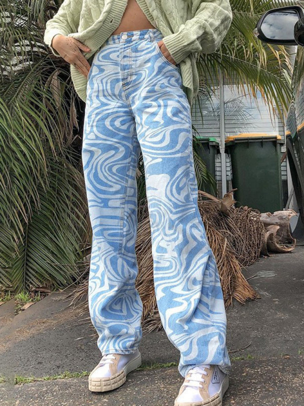 Blue Zone Planet | loose water ripple printed straight denim trousers BLUE ZONE PLANET